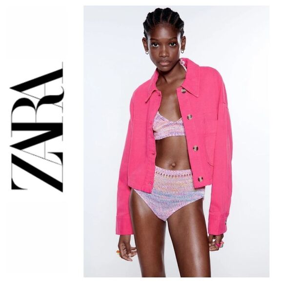 NWOT Zara Cropped Cotton Overshirt Oversized Denim Jacket in Fuchsia, Small - Picture 1 of 12